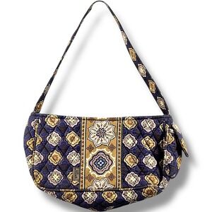 Maggi B Quilted Shoulder Bag Navy Brown Floral Medallion Cloth Handbag Medium
